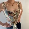 Vintage Floral Print Lace Up Corset Top - Modakawa Modakawa