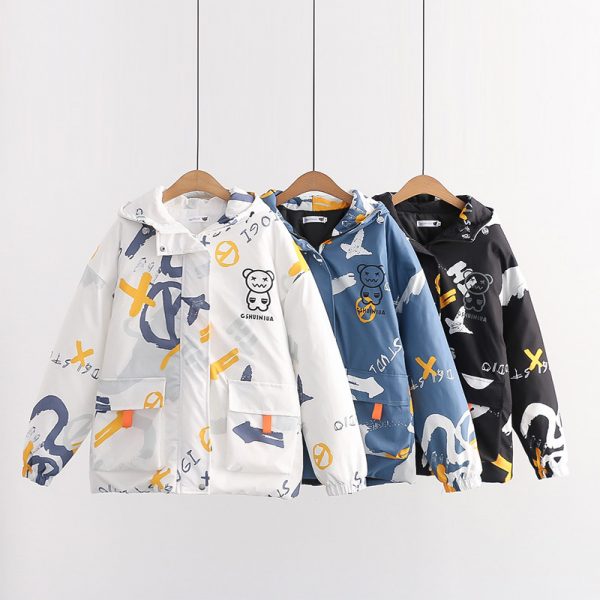 Cartoon Print Zipper Hooded Coat - Modakawa Modakawa