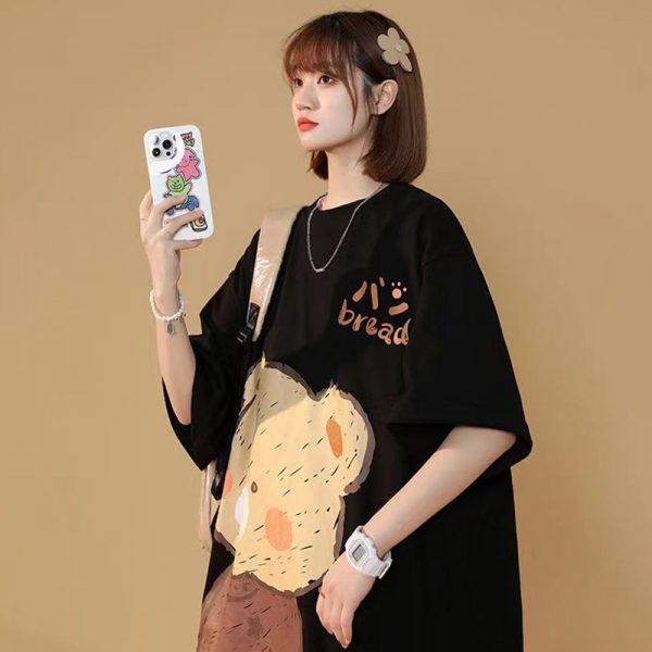 Cartoon Bear Print Round Collar Casual T-Shirt - Modakawa Modakawa