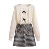 Button Front Knit Sweater Pocket Plaid Skirt Set - Modakawa Modakawa