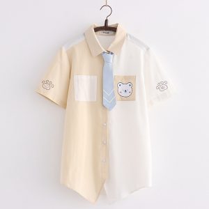 Cartoon Bear Print Colorblock Pocket Tie T-Shirt - Modakawa modakawa