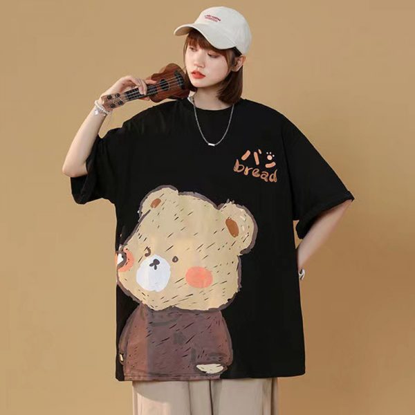 Cartoon Bear Print Round Collar Casual T-Shirt - Modakawa Modakawa