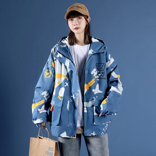 Cartoon Print Zipper Hooded Coat - Modakawa Modakawa